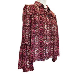 GB Floral Print Long Sleeve Blouse Size Large With Tie Neck & Ruffled Cuffs